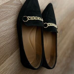 Black Suede Pointed Toe Flats with Gold Chain Accent